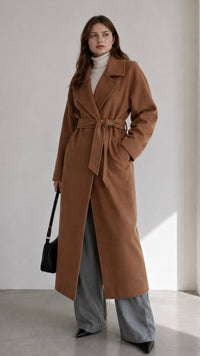 Women's Elegant Belted Long Coat with Lapels – High Allure
