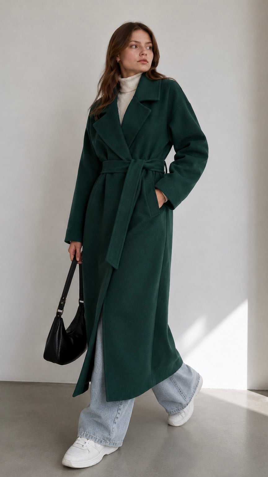 Women's Elegant Belted Long Coat with Lapels – High Allure