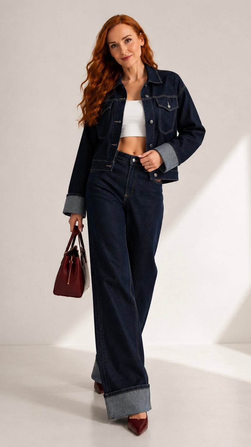Détail du blouson en jean Dark Wash avec col chemise et fermeture boutonnée