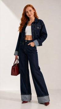 Ensemble femme en jean Dark Wash blouson oversize et pantalon porté