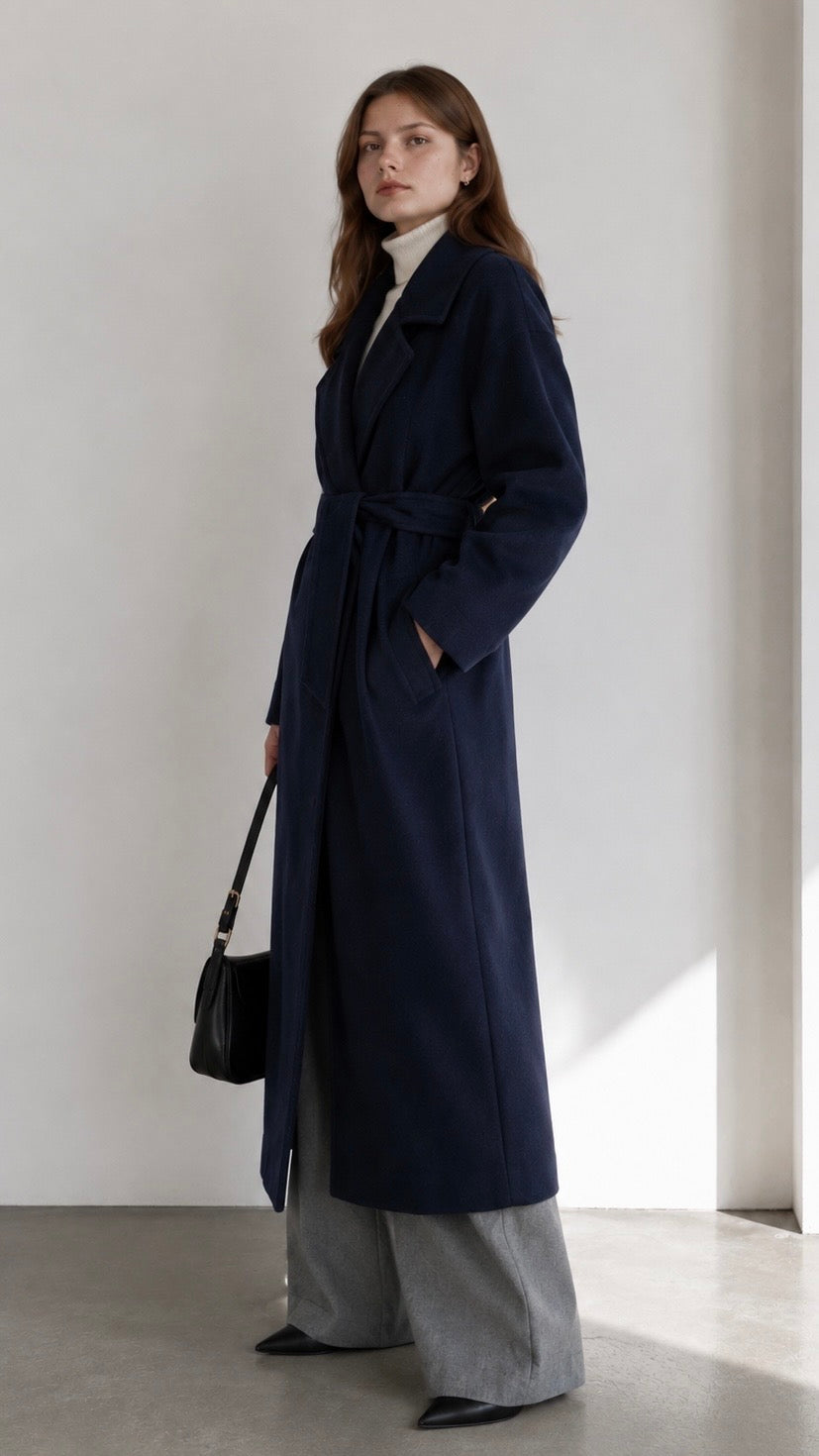 Women's Elegant Belted Long Coat with Lapels – High Allure