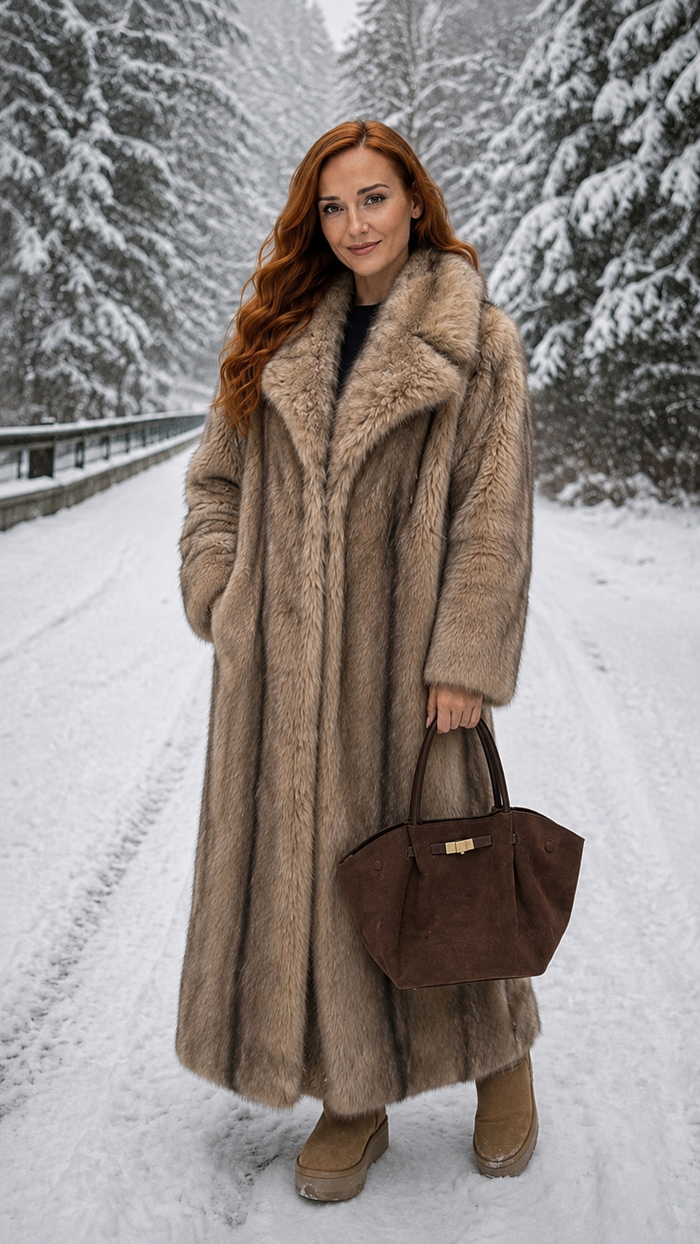 Women's Long Brown Flannel Coat – Winter Elegance
