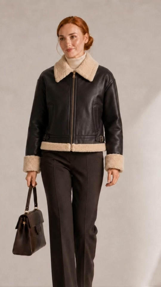 Mannequin en mouvement portant le blouson aviateur femme Héritage Chocolat – Gilles de Beaumont