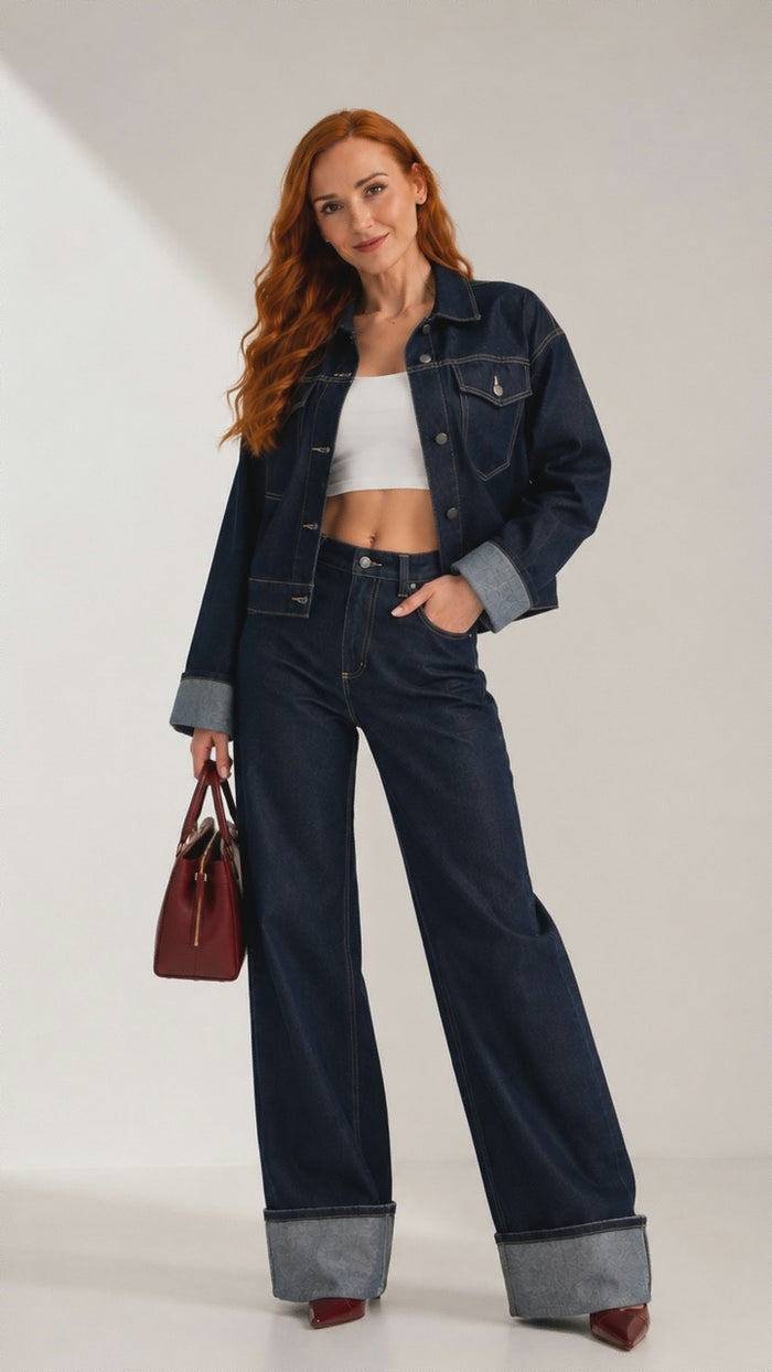 Mannequin portant l’ensemble femme Denim Élégance en jean Dark Wash, avec blouson oversize et pantalon – Gilles de Beaumont